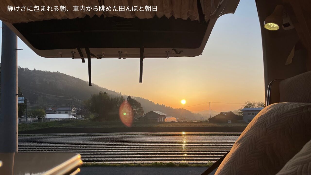 ある日泊まった道の駅の朝。キャンピングカーから見る朝日と田んぼ。