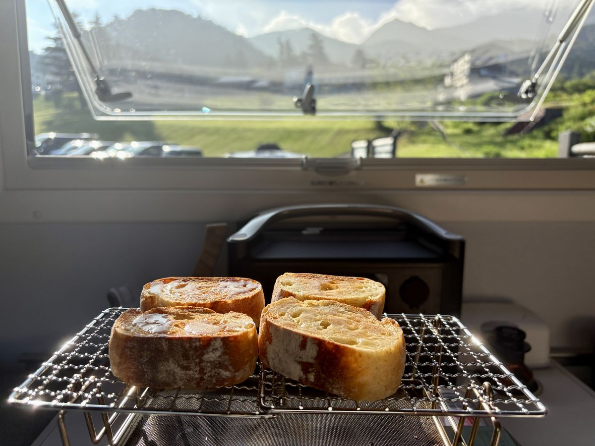 大山で迎えた朝、キャン太の車内朝食