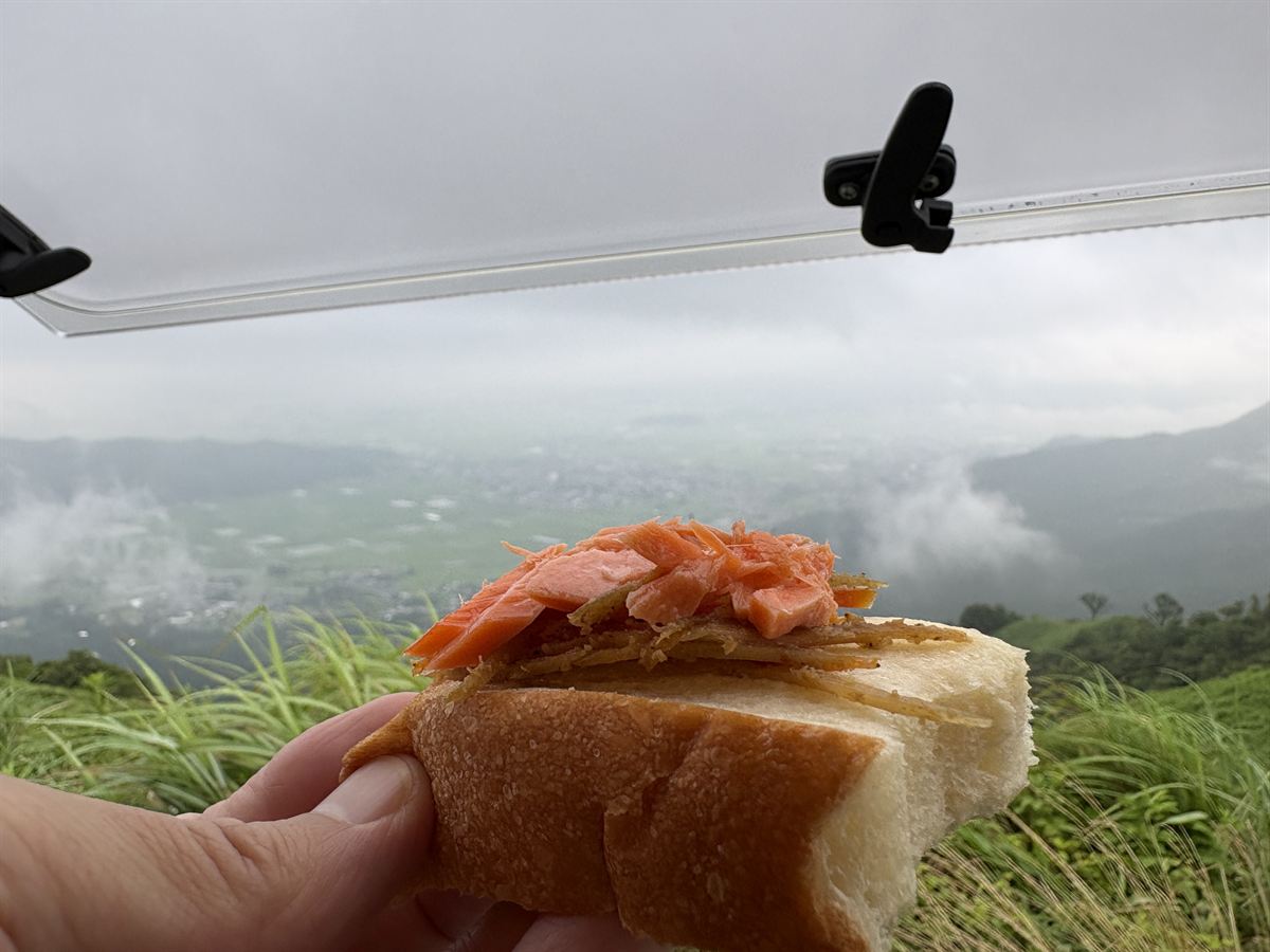 食パンに鮭ときんぴらごぼうをのせた朝ごはんと、霧の阿蘇