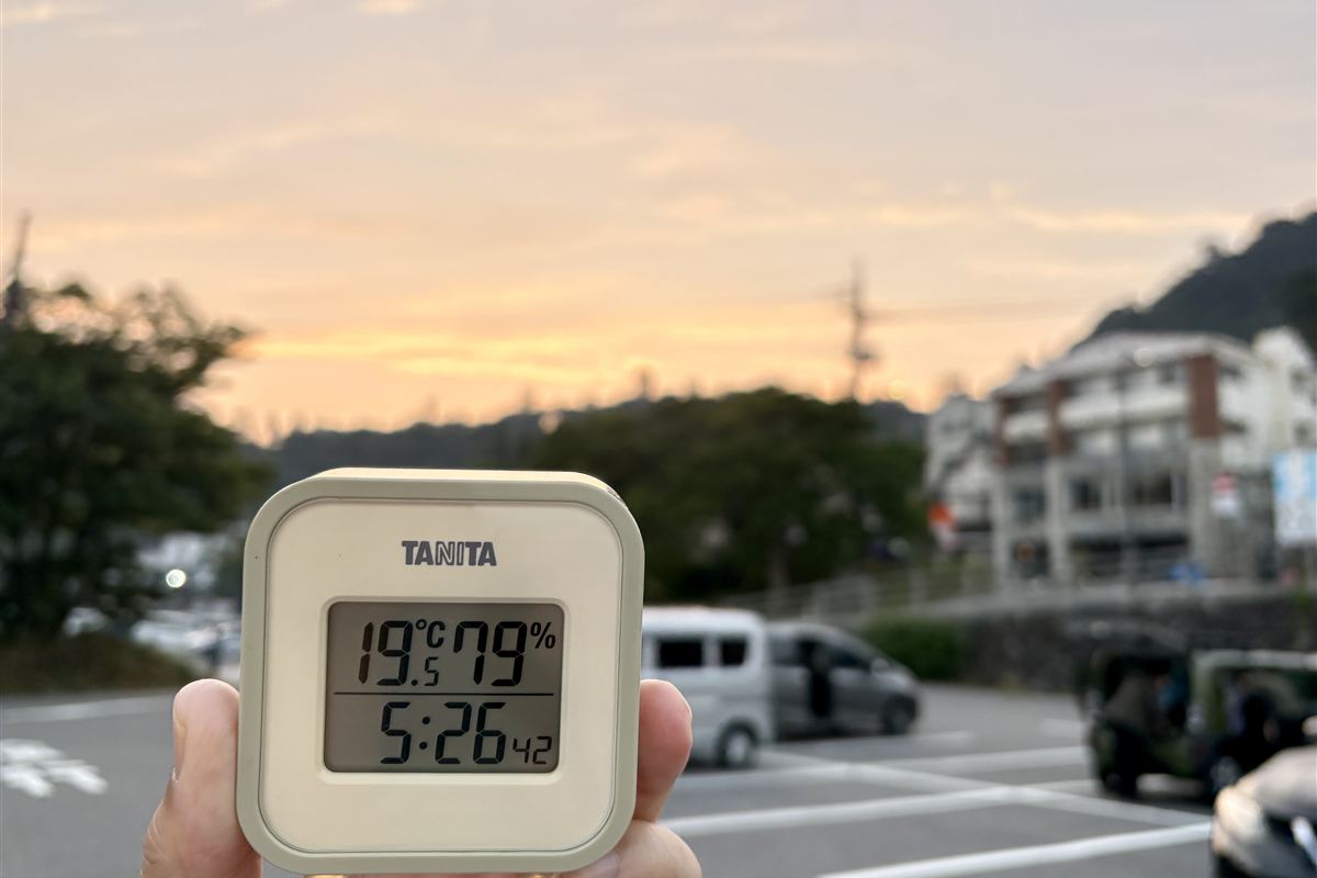 大山の朝の気温19.5℃を示す温度計