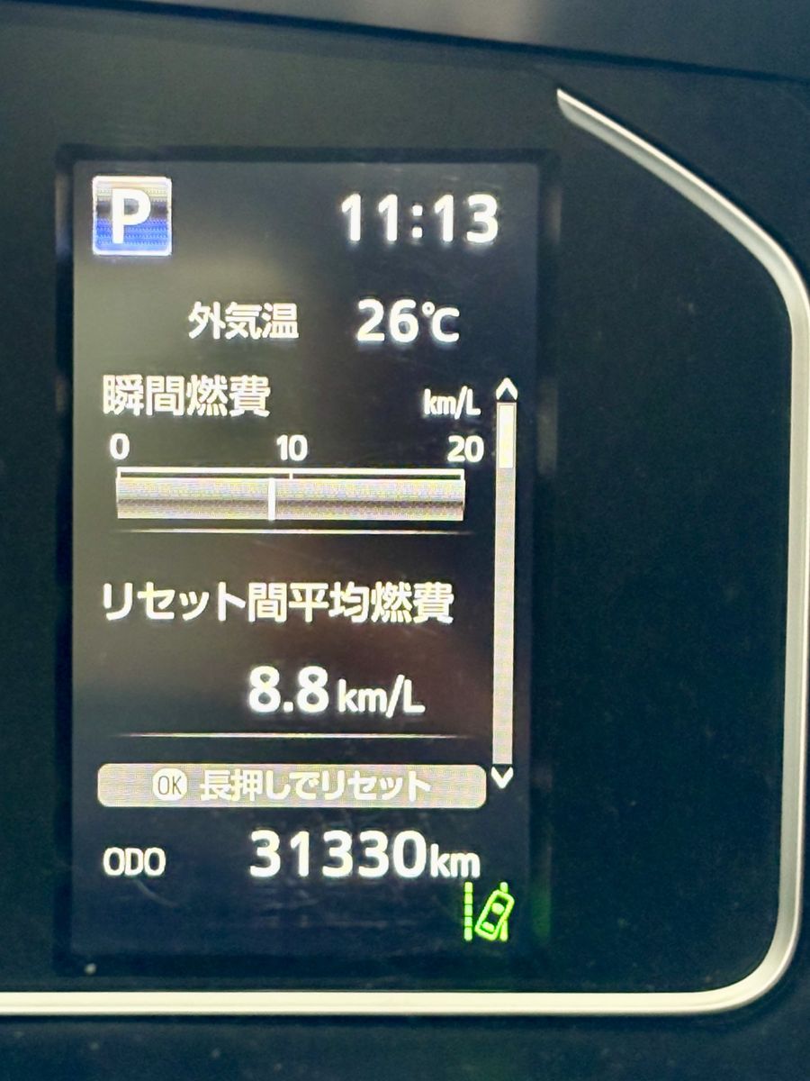ウラルエイジアの運転席メーターに表示された平均燃費8.8km/L