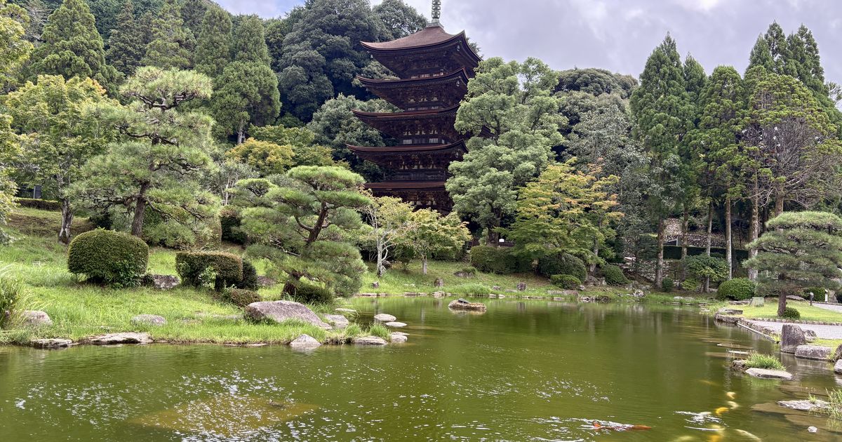 香山公園の池ごしに見る国宝・瑠璃光寺五重塔