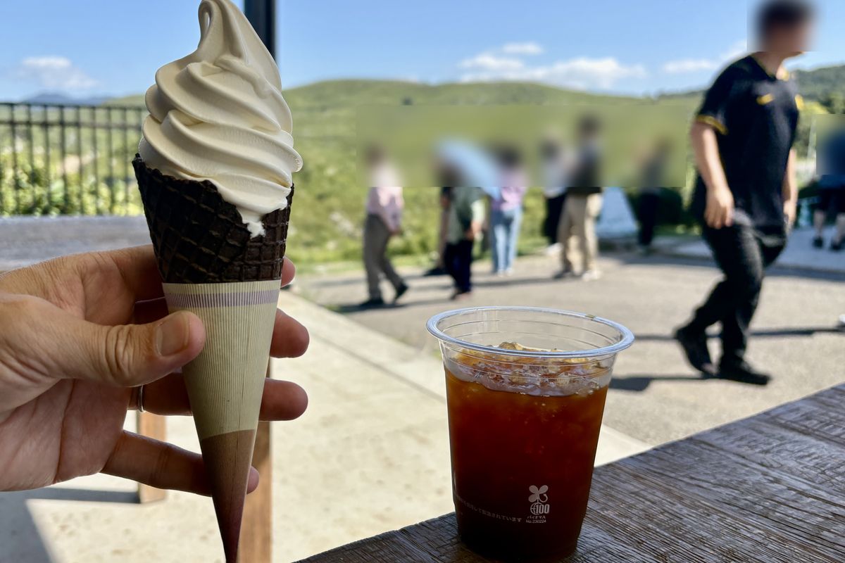 秋吉台で食べたソフトクリームとアイスコーヒー