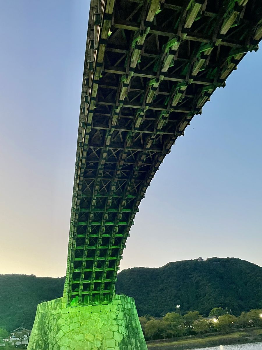 河原から見上げたライトアップの錦帯橋